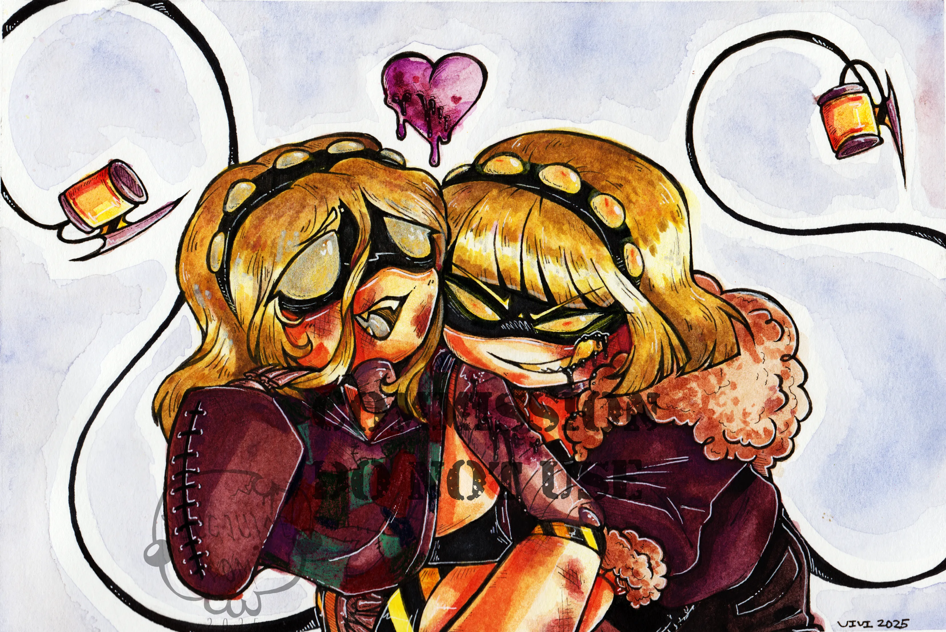 Two Drones, Serial Designation C (left) and Serial Designation V (right), hugging each other. C looks over lovingly as V is licking her lips after taking a bite out of C's arm. A dripping, bloody heart floats above them.